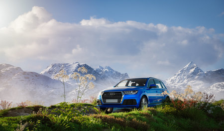 British Columbia, Canada - March 22, 2023: Audi quattro outdoors with Canadian Mountain Landscape in Background. 3d Rendering Vehicle and Rock. 3d Illustration.のeditorial素材