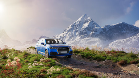 British Columbia, Canada - March 22, 2023: Audi quattro outdoors with Canadian Mountain Landscape in Background. 3d Rendering Vehicle and Rock. 3d Illustration.のeditorial素材