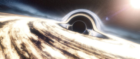 Black Hole in the outer space. Dramatic Panorama. Glowing 3d Rendering Artwork. 3D Illustration