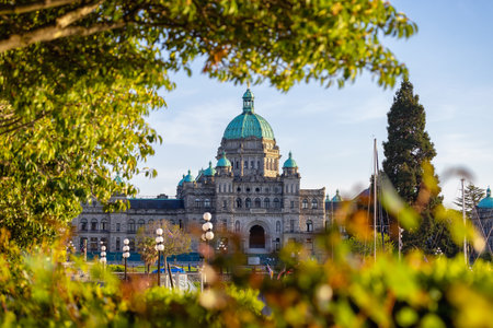 Legislative Assembly of British Columbia in the Capital City during a sunny day. Downtown Victoria, Vancouver Island, BC, Canada. Sunsetの写真素材