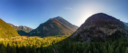 Canadian Mountain Landscape during sunny sunset. Aerial Panorama Background. Near Lillooet, British Columbia, Canada.の写真素材