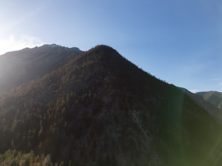 Canadian Mountain Landscape during sunny sunset. Aerial Panorama Background. Near Lillooet, British Columbia, Canada.の写真素材