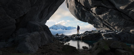 Adventurous Man Standing in cave on top of Mountain. Extreme Adventure Composite. 3d Rendering Peak. Background Aerial Image from British Columbia, Canada.の写真素材