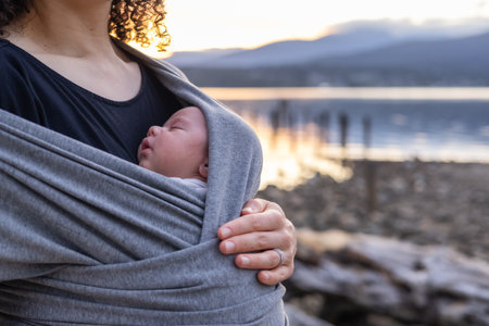 Small newborn baby boy with his mother at a park. Sunset. Barnet Marine Park, Burnaby, Vancouver, BC, Canada.の写真素材