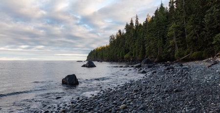 Panoramic View of Mystic Beach on the West Coast of Pacific Ocean. Summer Sunny Sunrise. Canadian Nature Landscape Background Panorama. Located near Victoria, Vancouver Island, BC, Canada.の写真素材