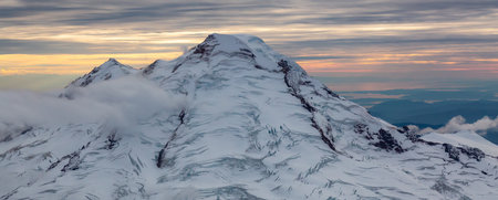 Glacier on the mountain top. American Landscape nature background. Aerial View of Mt Baker, Washington State, USA.の写真素材