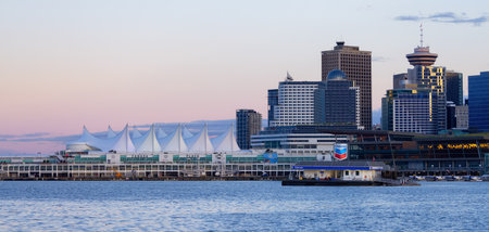 Downtown Vancouver, British Columbia, Canada - June 16, 2023: Modern City Skyline at Sunset. Canada Place.のeditorial素材