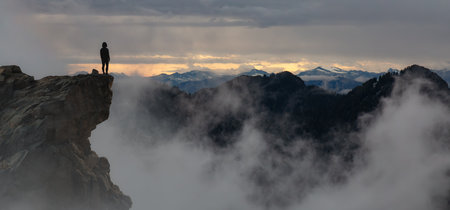 Adventurous Woman Standing on top of Mountain Cliff. Extreme Adventure Composite. 3d Rendering Peak....