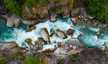 River in a Rocky Mountain Canyon. British Columbia, Canada. Aerial Nature Background.の写真素材