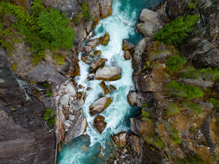 River in a Rocky Mountain Canyon. British Columbia, Canada. Aerial Nature Background.の写真素材