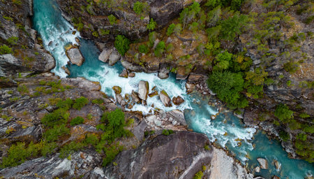 River in a Rocky Mountain Canyon. British Columbia, Canada. Aerial Nature Background.の写真素材