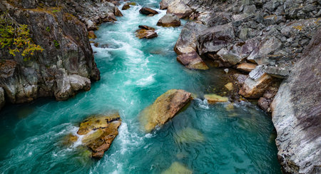 River in a Rocky Mountain Canyon. British Columbia, Canada. Aerial Nature Background.の写真素材