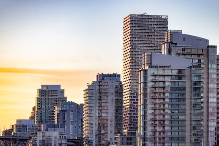 High-rise Apartment Buildings in Downtown Vancouver, British Columbia, Canada. Sunset Skyの写真素材