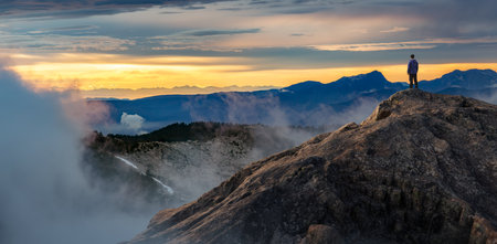 Adventurous Man Standing on top of Mountain Cliff. Extreme Adventure Composite. 3d Rendering Peak....