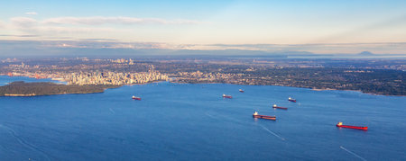Downtown Vancouver, British Columbia, Canada. Aerial View on the West Coast. Sunny Sunset.の写真素材