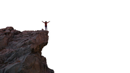 Adventure Woman Hiker standing on top of Mountain Peak. Cutout on White Background. 3d Renderingの写真素材