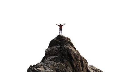 Adventure Woman Hiker standing on top of Mountain Peak. Cutout on White Background. 3d Renderingの写真素材