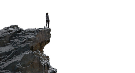 Adventure Woman Hiker standing on top of Mountain Peak. Cutout on White Background. 3d Renderingの写真素材