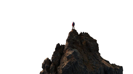 Adventure Man Hiker standing on top of Mountain Peak. Cutout on White Background. 3d Renderingの写真素材