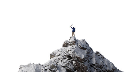 Adventure Man Hiker standing on top of Mountain Peak. Cutout on White Background. 3d Renderingの写真素材