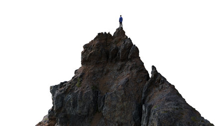 Adventure Man Hiker standing on top of Mountain Peak. Cutout on White Background. 3d Renderingの写真素材