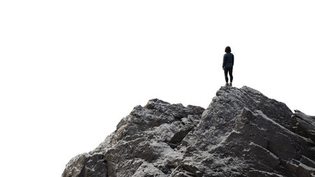 Adventure Woman Hiker standing on top of Mountain Peak. Cutout on White Background. 3d Renderingの写真素材