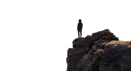 Adventure Woman Hiker standing on top of Mountain Peak. Cutout on White Background. 3d Renderingの写真素材