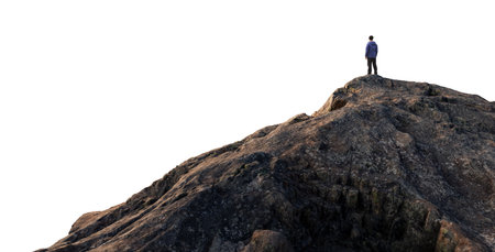 Adventure Man Hiker standing on top of Mountain Peak. Cutout on White Background. 3d Renderingの写真素材
