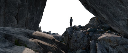 Adventure Woman Hiker standing on top of Mountain Peak. Cutout on White Background. 3d Renderingの写真素材