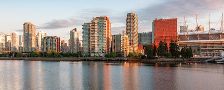 False Creek in downtown Vancouver, British Columbia, Canada. Panorama. Sunrise.の写真素材