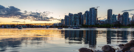 False Creek in downtown Vancouver, British Columbia, Canada. Panorama. Sunset.の写真素材