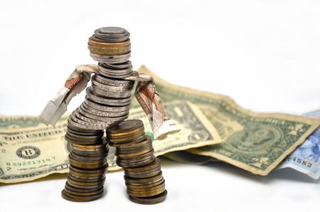 coins man with dollar on a white backgroundの写真素材