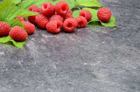Raspberry on black background close up photoの写真素材