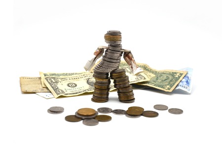 coins man with dollar on a white backgroundの写真素材