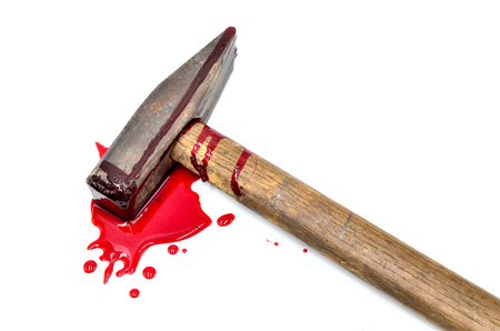 Hammer with blood on white background close upの写真素材