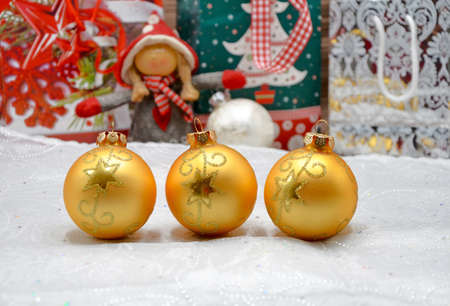 Christmas balls on a white underground close upの写真素材