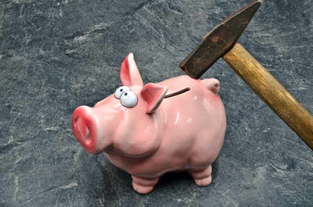 pig moneybox with hammer close up photoの写真素材