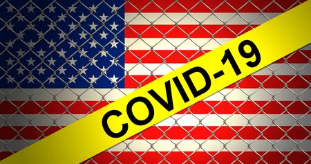 Covid 19 warning sign with Usa flagの写真素材