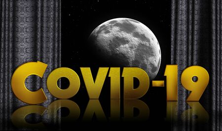 Covid 19 3d text with moon and curtainの写真素材