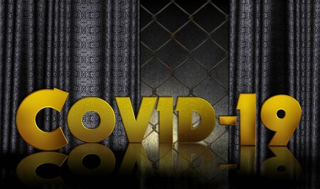 Covid 19 3d text with dark curtainsの写真素材