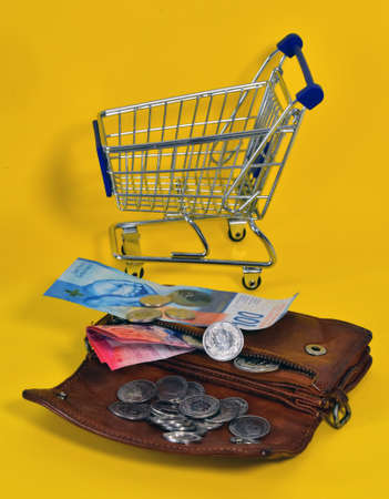 Shopping cart with coins and banknotes on a yellow background.の写真素材