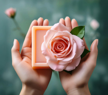 Female hands holding soap and pink rose on blurred background, closeupの素材