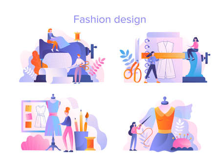 Set of four fashion design and tailoring scenesのイラスト素材