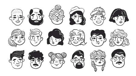 Black and white hand drawn doodle human faces set. Collection of sketches of people of different ages. Facial expressions of young and old men women boys girls. Pen ink cartoon outline Illustrationのイラスト素材