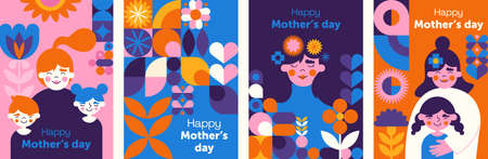 Mothers day. Womens Day. Abstract backgrounds or patterns. Hearts, buds, flowers, geometric shapes....