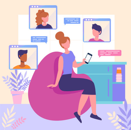 App for dating and communication. Woman holds smartphone and sends messages to friends. Character meets with colleagues via video link. Cartoon flat vector illustration isolated on pink backgroundのイラスト素材