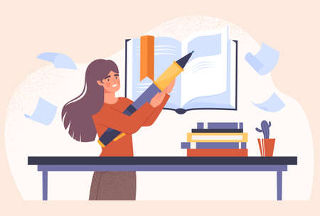 Studying with book concept. Woman writes down important thought in diary or journal. Female character doing homework. School or university. Cartoon flat vector illustration isolated on pink backgroundのイラスト素材