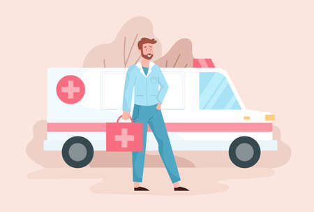Ambulance doctor concept. Therapist holds first aid kit in his hands and stands next to ambulance. Medic visits the patient. Cartoon modern flat vector illustration isolated on pink backgroundのイラスト素材