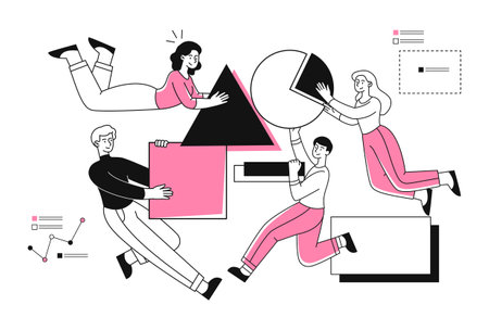 Working together concept. Men and women hold different geometric shapes. Teamwork of employees. Creative thinking and achieving goals. Cartoon flat vector illustration isolated on white backgroundのイラスト素材