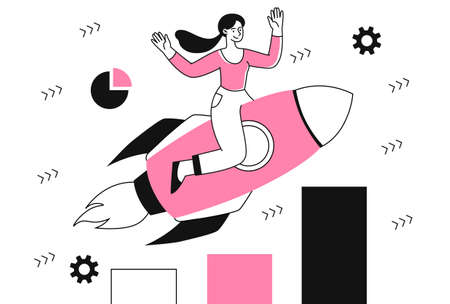 Business motivation concept. Woman sits on rocket and flies to success. Ambitious female character exploring new areas of knowledge. Cartoon flat vector illustration isolated on white backgroundのイラスト素材